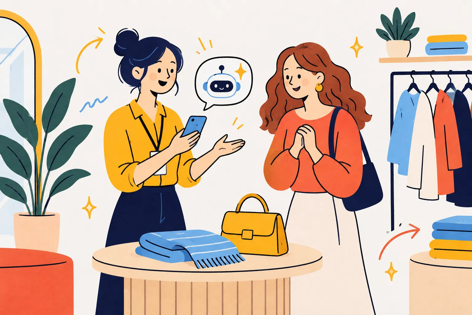 In a store, a client advisor chats with a customer while a sparkling chat bubble pops out of her phone