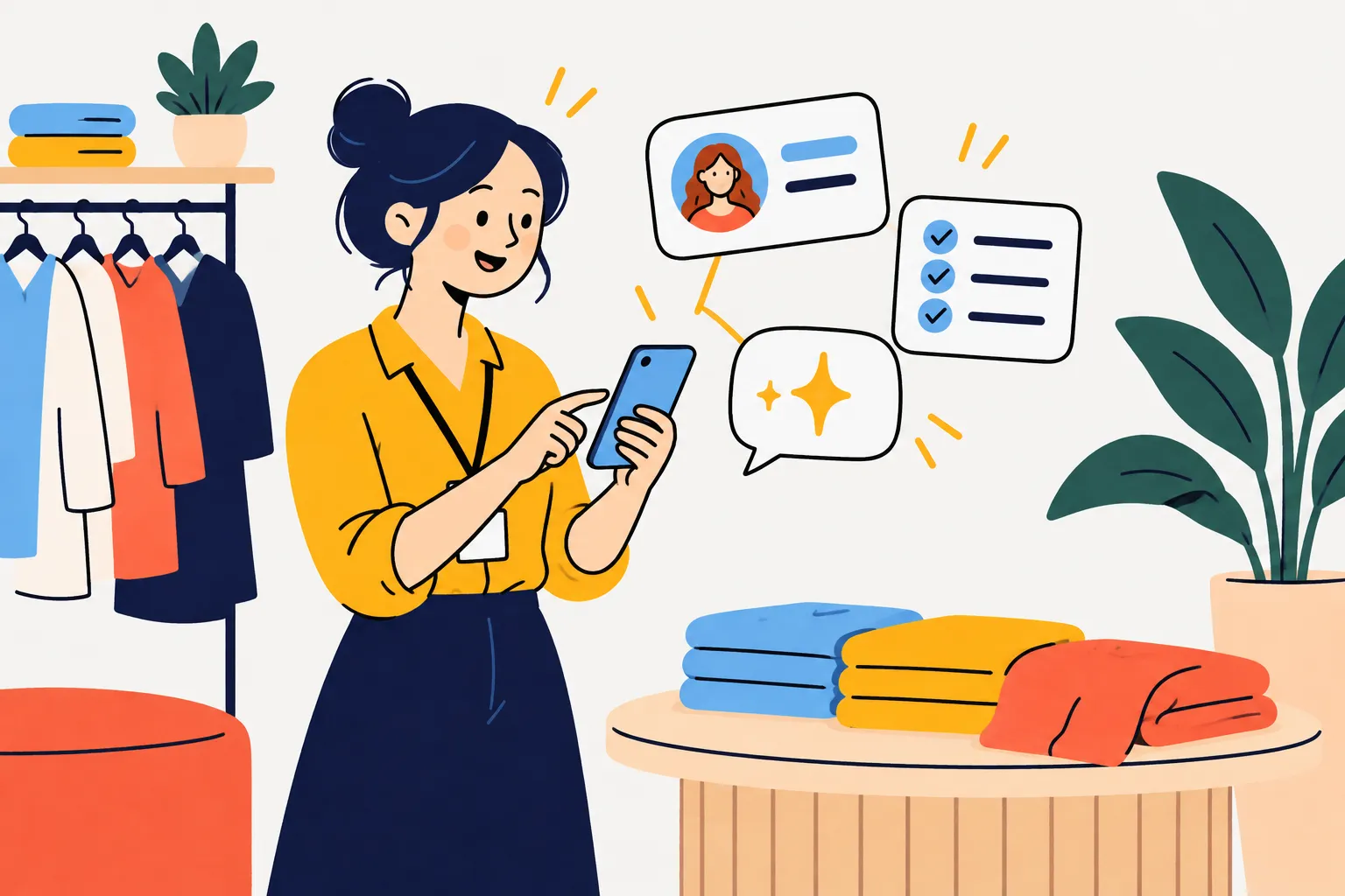 A client advisor reading an assistant prompt on her phone, next to a to-do list